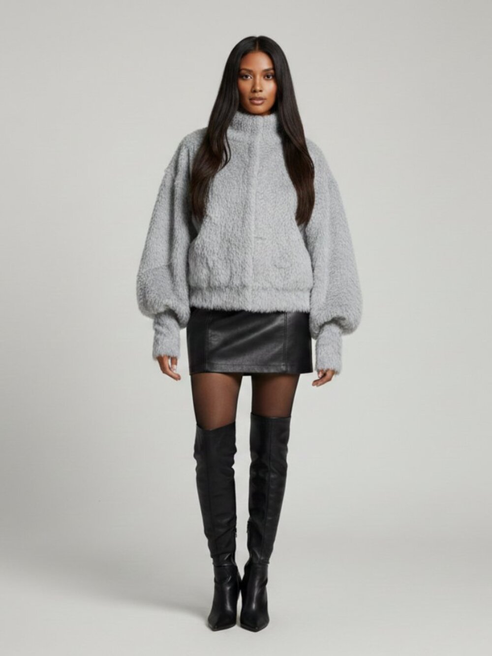 Catherine Malandrino Grey Faux Fur Jacket | Plush Shaggy Coat | Size Large